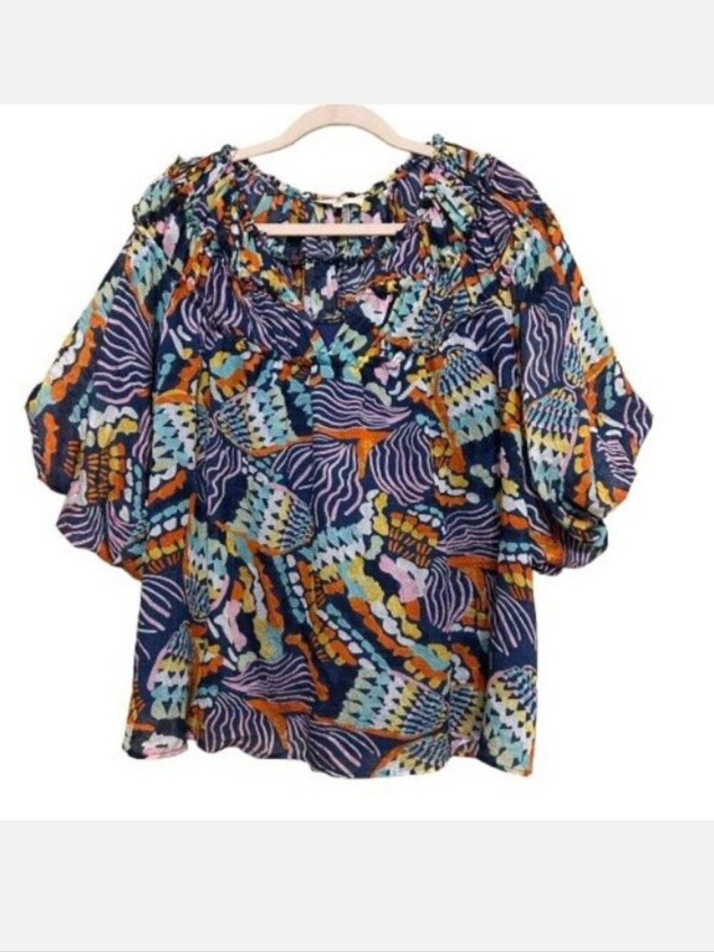 Entro Multicolor Abstract Print Bubble Sleeve Blouse - Navy, Orange, Mint, Pink